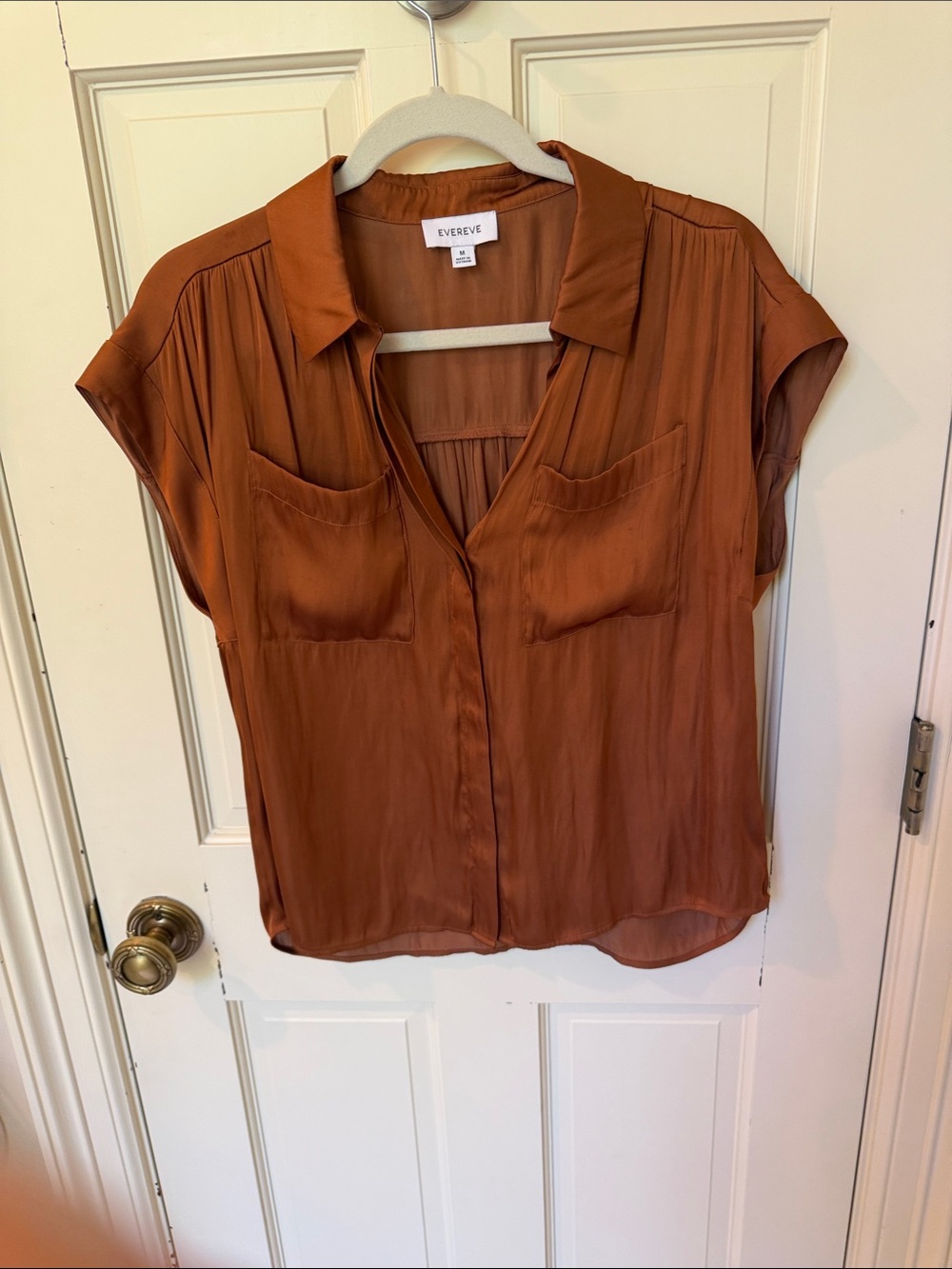 Evereve Rust Short-Sleeve Button Front Pocket Blouse